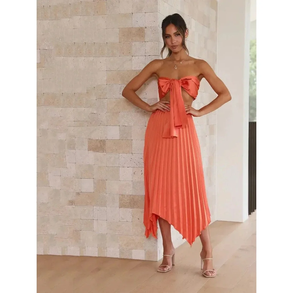 Micas Orange Pleated Two-Piece Halter Skirt Set – Elegant Summer size XL‎